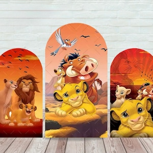 May include: Three arched panels featuring characters from The Lion King. The panels showcase Simba, Nala, Mufasa, Timon, Pumbaa, and Zazu against a sunset backdrop. The artwork is vibrant with warm colours and cartoon-style illustrations.