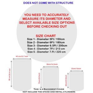 May include: Diagram of backdrop covers with size chart. The chart lists diameters from 5ft to 7ft, with corresponding metric measurements. The image includes dimensions in inches and centimeters for the covers, with heights ranging from 23.6 inches to 35.4 inches.