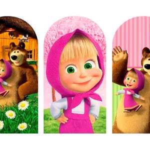May include: Three arched panels featuring cartoon characters. The panels depict a girl in a pink outfit with a matching hood and a large brown bear. The background includes a house, flowers, and striped patterns.