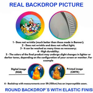May include: A white background with text that reads "REAL BACKDROP PICTURE" and "ROUND BACKDROP'S WITH ELASTIC FINISH". The image includes two circular graphics, one with Disney characters and another with a gray fabric. Text describes product features.