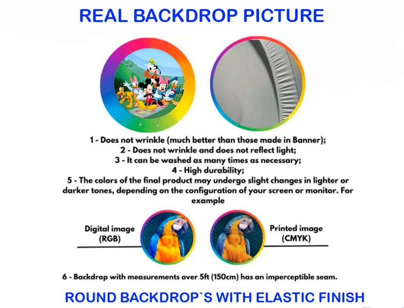 May include: A white background with text that reads "REAL BACKDROP PICTURE" and "ROUND BACKDROP'S WITH ELASTIC FINISH". The image includes two circular graphics, one with Disney characters and another with a gray fabric. Text describes product features.