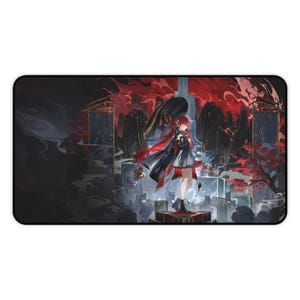 May include: A rectangular desk mat featuring a digital illustration of a character with long red hair, wearing a black and white outfit with a cape. The background displays dark, abstract structures, red smoke, and stylized trees in a high-contrast scene.