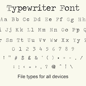 Op de afbeelding: Een zwart-wit afbeelding die het alfabet en de cijfers in een typemachinelettertype laat zien. De tekst "Typewriter Font" staat bovenaan de afbeelding. De tekst "File types for all devices" staat onderaan de afbeelding.