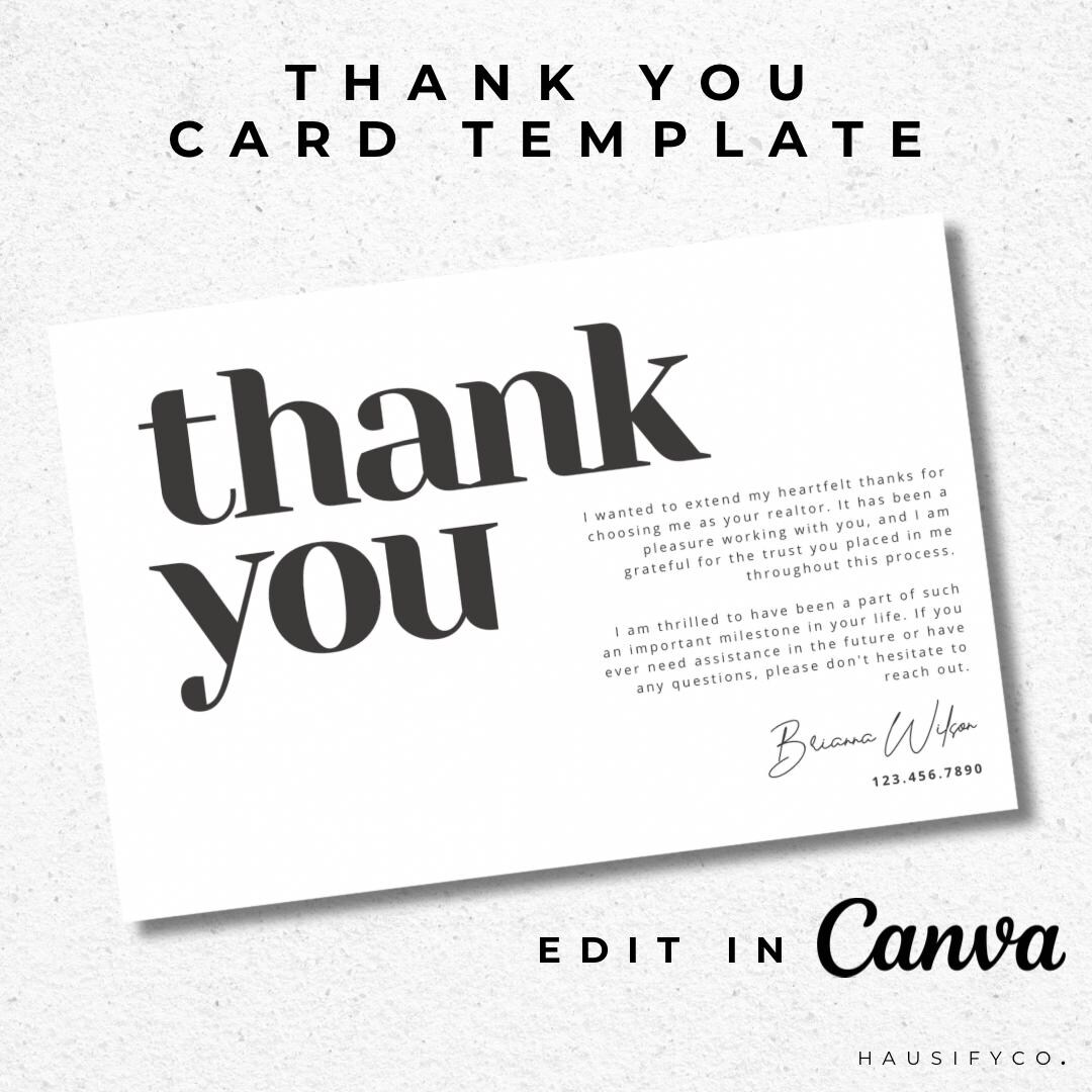 Editable Thank You Card Template | Real Estate Agent, Client ...