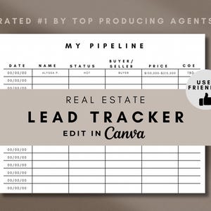 May include: A black and white printable real estate lead tracker template with the text "My Pipeline", "Real Estate Lead Tracker", and "Edit in Canva". The template includes columns for date, name, status, buyer/seller, price, and COE.