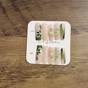 Long Ballerina Press-On Nails with 3D Green Leaf Design and Rhinestones, Reusable False full coverage  Nails for Women