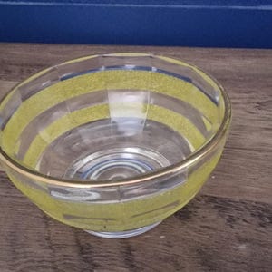 Vintage Art Deco french bowl set x4 bowls/ sugar frosted yellow glassware/ golden rim