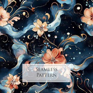Könnte beinhalten: Nahtloses Muster mit zarten Pfirsich- und Orangenblüten mit goldenen Akzenten auf einem dunkelblauen Hintergrund mit Sternen-Effekt. Der Text "Seamless Pattern" befindet sich in der Mitte des Bildes.