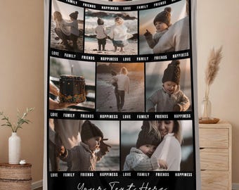Custom Photo Blanket Collage, Personalized Picture Friend Collage Photo Text Blanket, Custom Memorial Family Photo Anniversary Blanket Gift