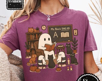 幽霊先生ハロウィンシャツ、かわいい教室の幽霊先生Tシャツ、不気味な学校の先生Tシャツ、秋の先生へのギフト、ハロウィン教室Tシャツ