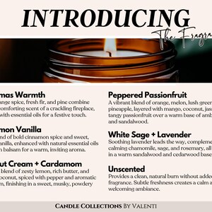 May include: An amber-colored candle jar with a lit wick, showcasing the fragrances. The text introduces the candle collections, including scents like Christmas Warmth, Cinnamon Vanilla, and Peppered Passionfruit.