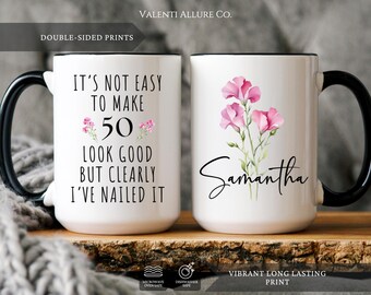 Custom Year Name Birth Flower 50th Birthday Gift Mug for Women, 50th Birthday Mug, Personalized Special Birthday Gifts Funny 50th Mug 1975