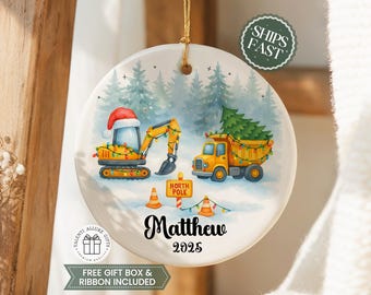 Personalized Construction Christmas Ornament, Custom Truck and Excavator Ornament for Kids, Boy Name Keepsake Holiday Gift 2025 Xmas CO-115