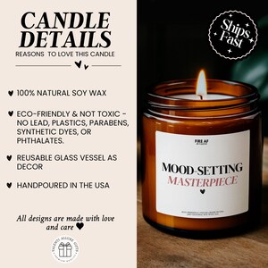 May include: A lit, brown glass jar candle with the text "MOOD-SETTING MASTERPIECE" on a white label. The image also includes text that reads "CANDLE DETAILS" and lists features like natural soy wax and being hand-poured in the USA.