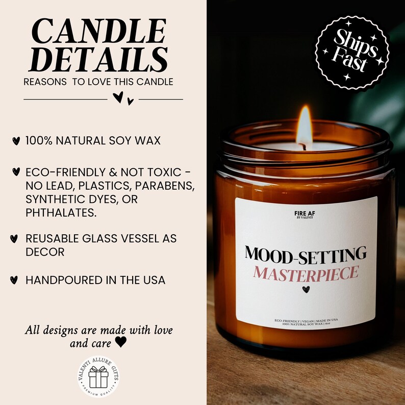 May include: A lit, brown glass jar candle with the text "MOOD-SETTING MASTERPIECE" on a white label. The image also includes text that reads "CANDLE DETAILS" and lists features like natural soy wax and being hand-poured in the USA.
