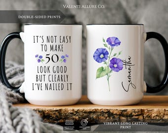 Custom Year Name Birth Flower 50th Birthday Gift Mug for Women, 50th Birthday Mug, Personalized Special Birthday Gifts Funny 50th Mug 1975