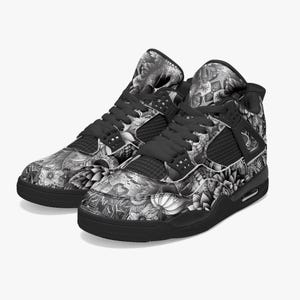 Skull & Flowers Basketball Sneakers: Black and White High Tops