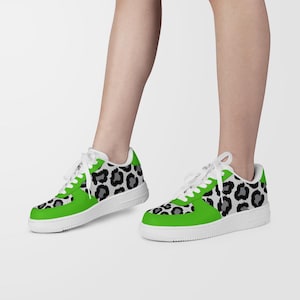 Low Top Unisex Sneakers Green with Leopard Decoration – Stylish Animal Print Shoes, Comfortable Fashion Footwear