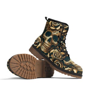 Unisex Boots with Gold Roses and Skulls, Synthetic Leather Gothic Style Footwear, Trendy Everyday Boots, Unique Gift for Skull Lovers & Her