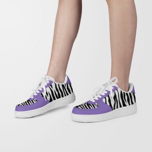 Unisex Low Top Sneakers with Tiger Decoration and Purple Accents – Animal Print Sneakers, Statement Footwear, Gift for Him or Her