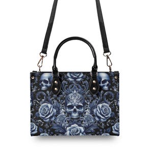 Skulls and Roses Gothic Tote Bag: PU Leather Statement Handbag