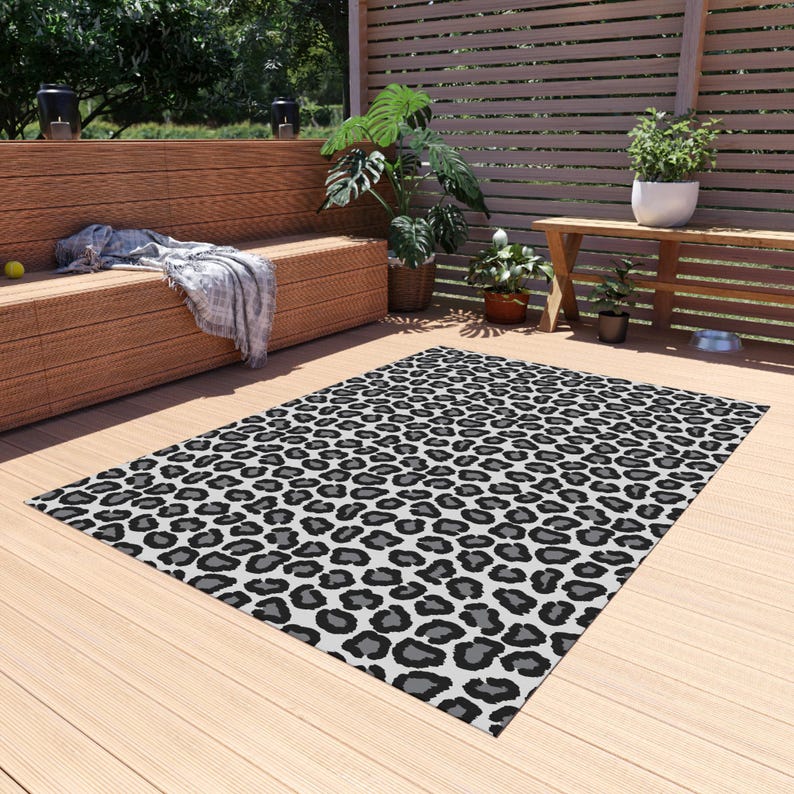 Leopard Print Outdoor Rug, Black White Gray Decoration, Patio Mat ...