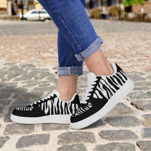 Low Top Tiger Pattern Sneakers – Black and White Animal Print Footwear, Unisex Sneakers, Unique Gift Idea
