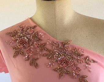 Pink Multi-colored Floral Heavy Beaded Appliqués