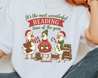 bookish reading christmas goose shirt retro pink christmas shirt | Readers Read Tee Book lover gift | Goose Christmas tee Winter season tee