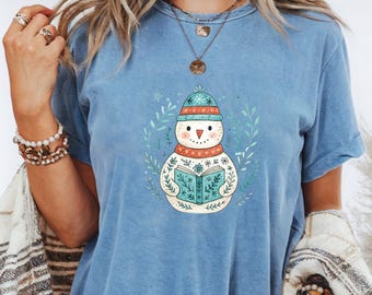 Cute Snowmen Tee for book lover gift | Snowmen Shirt Blue Snowmen Shirt | Winter season tee  book shirt | Readers Read Tee ski shirt
