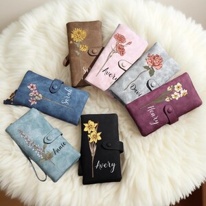 Birth Flower Wallet,Slim Women Wallet,Custom Leather Wallet,Card Holder Wallet,Minimalist Women Wallet,Gifts for Her,Mother's Day Gift