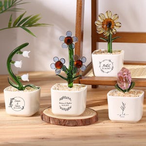 Puede incluir: Una colección de esculturas de flores de vidrio en macetas blancas pequeñas. Las flores incluyen un lirio de los valles, una flor de varios pétalos, un girasol y una rosa. Cada maceta tiene un diseño decorativo y texto. El girasol mide 10 cm de alto.