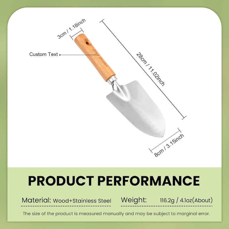 May include: A gardening trowel with a wooden handle and a stainless steel blade. The trowel is 11.02 inches long, 3.15 inches wide, and the handle is 1.18 inches wide. The material is wood and stainless steel.