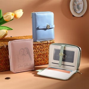 Cartera con foto personalizada, cartera fina para mujer, minicartera para mujer, cartera fina de cuero, cartera minimalista para mujer, tarjetero, regalo para el Día de la Madre.