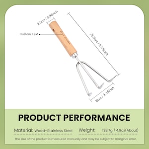 May include: A garden hand rake with a wooden handle and stainless steel tines. The handle is 0.98 inches wide and 9.25 inches long, with the text "Lily's Garden". The rake is 3.15 inches wide and weighs 4.9 oz.