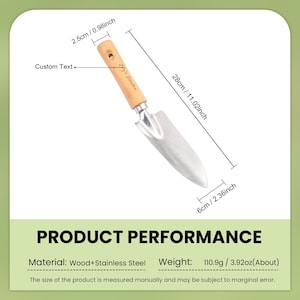 May include: A gardening trowel with a wooden handle and a stainless steel blade. The trowel is 11.02 inches long and 2.36 inches wide. The handle is 0.98 inches wide. The trowel weighs 3.92 ounces. The text "Lily's Garden" is printed on the handle.