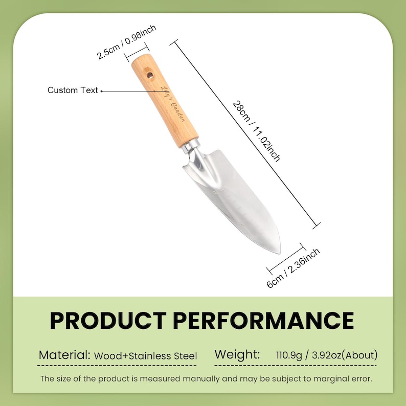May include: A gardening trowel with a wooden handle and a stainless steel blade. The trowel is 11.02 inches long and 2.36 inches wide. The handle is 0.98 inches wide. The trowel weighs 3.92 ounces. The text "Lily's Garden" is printed on the handle.