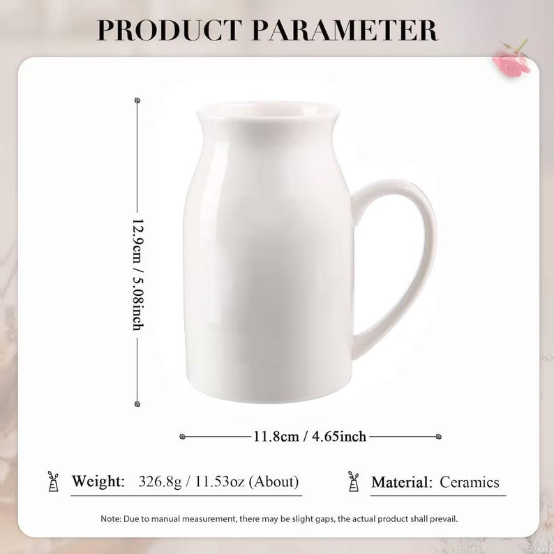 Może przedstawiać: Biały ceramiczny kubek z uchwytem, o wysokości 12,9 cm i szerokości 11,8 cm. Kubek waży 326,8 g. Parametry produktu są wyświetlane na białym tle. Tekst "PRODUCT PARAMETER" znajduje się na g&oacute;rze.