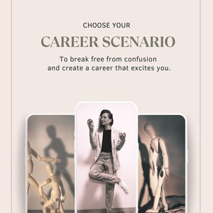 May include: Three images showing different career scenarios. The first image shows two wooden figures, one helping the other to stand up. The second image shows a woman standing on one leg, holding two apples in her hands. The third image shows a wooden figure standing on a wooden platform.