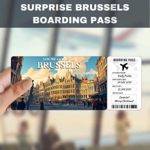 Biglietto regalo a sorpresa per il viaggio a Bruxelles, Belgio / Stai andando a Bruxelles, Volo, Carta d'imbarco, Modificabile, Download immediato, Stampa di viaggio