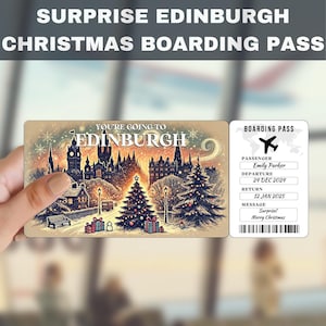 Billet cadeau surprise pour un voyage à Édimbourg, Écosse | Vous allez à Edimbourg, vol, carte d'embarquement, modifiable, téléchargement immédiat, impression de voyage