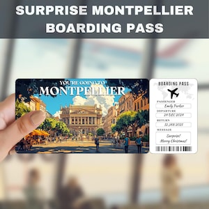 Billet cadeau surprise voyage Montpellier France | Vous allez à Montpellier, vol, carte d'embarquement, modifiable, téléchargement immédiat, impression de voyage