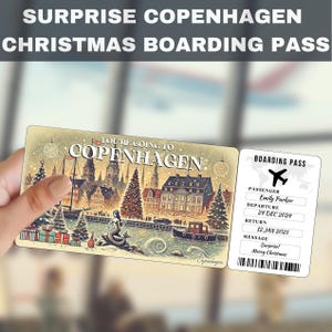 Pode incluir: Um cartão de embarque com tema natalino com uma ilustração festiva de Copenhaga, Dinamarca. O cartão diz "You're going to Copenhagen" e inclui uma data de partida em 24 de dezembro de 2024 e uma data de retorno em 12 de janeiro de 2025. A mensagem diz "Surpresa! Feliz Natal!".