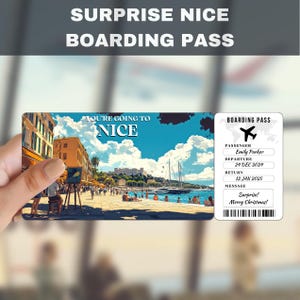 Biglietto regalo a sorpresa per il viaggio a Nizza in Francia / Stai andando a Nizza in Francia, volo, carta d'imbarco, modificabile, download immediato, stampa di viaggio