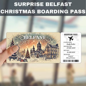 Ticket met verrassingscadeau voor reis naar Belfast, Verenigd Koninkrijk | Je gaat naar Belfast, vlucht, instapkaart, bewerkbaar, direct downloaden, reisprint