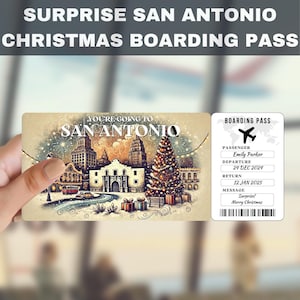 Bilhete-presente surpresa para viagem a San Antonio, Texas | Você vai para San Antonio, voo, cartão de embarque, editável, download instantâneo, impressão de viagem