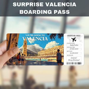 Kaartje met verrassingscadeau reis naar Valencia, Spanje | Je gaat naar Valencia, Spanje, vlucht, instapkaart, bewerkbaar, direct downloaden, reisafdruk, reisafdruk
