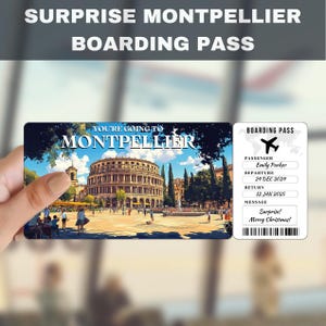 Billet cadeau surprise voyage Montpellier France | Vous allez à Montpellier, vol, carte d'embarquement, modifiable, téléchargement immédiat, impression de voyage