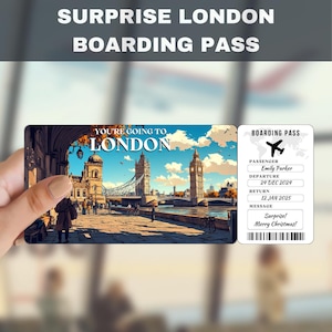 London, UK Trip Surprise Gift Ticket | You&#39;re Going to London, UK, Flight, Boarding Pass, Editable, Instant Download, Travel Print