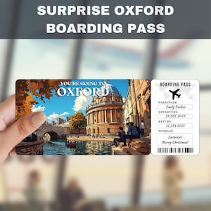 Bilhete-presente surpresa para viagem a Oxford no Reino Unido | Você vai para Oxford no Reino Unido, voo, cartão de embarque, editável, download instantâneo, impressão de viagem